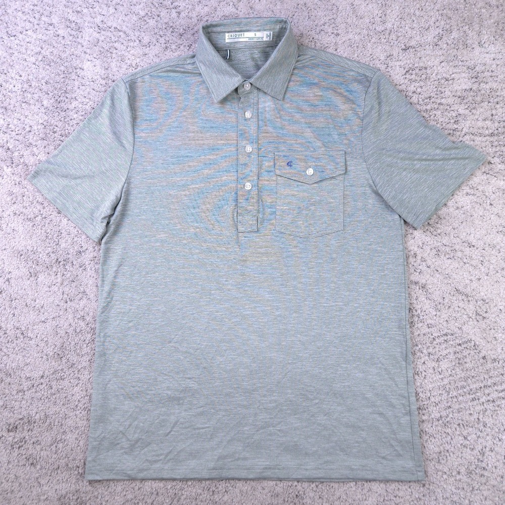 Criquet Polo Mens Small Shirt Short Sleeve Pocket Green Micro Stripe Stretch